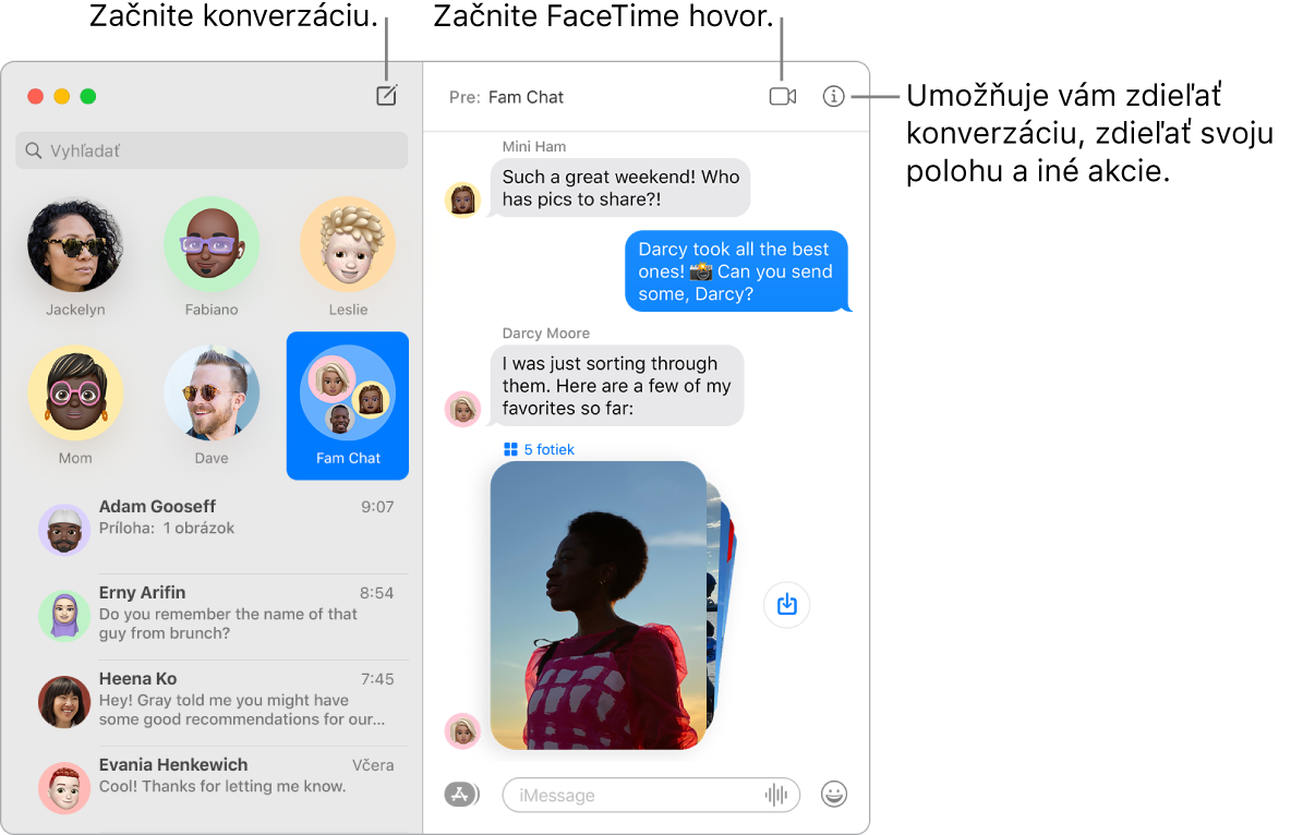 Okno aplikácie Správy zobrazujúce, ako spustiť konverzáciu a FaceTime hovor.