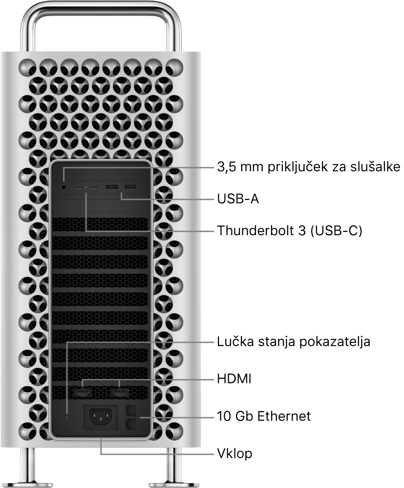 Stranski pogled na računalnik Mac Pro s prikazom 3,5 mm priključka za slušalke, dveh vhodov USB-A, dveh vhodov Thunderbolt 3 (USB-C), indikatorske lučke stanja, dveh vhodov HDMI, dveh vhodov za 10-gigabitni Ethernet in vhoda za napajanje.