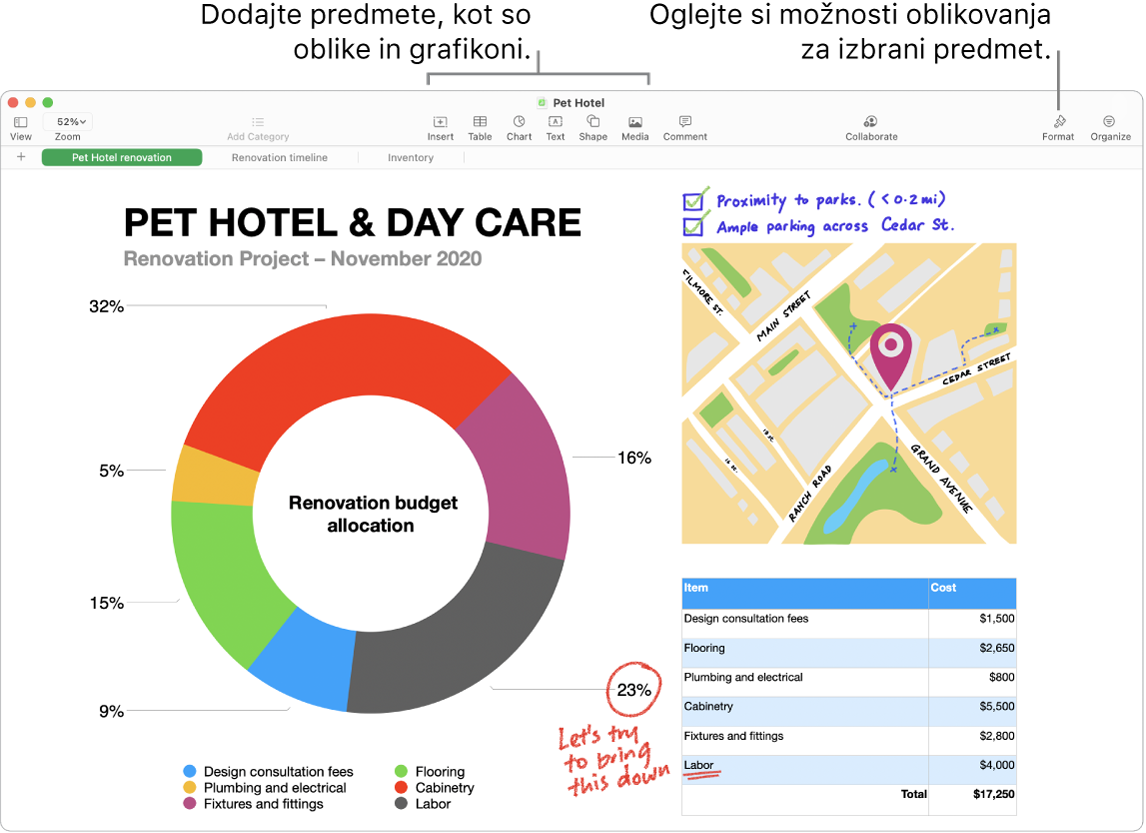 Okno aplikacije Numbers z orodno vrstico z orodji za urejanje. Zgoraj desno je gumb Collaborate, na desni strani pa sta gumba Format in Organize. Stranska vrstica Format je odprta v zavihku Charts.