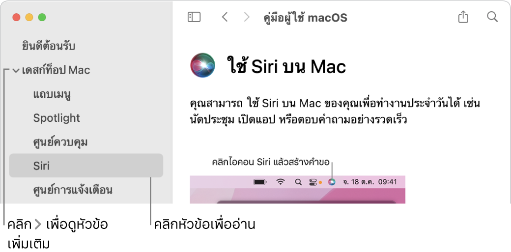 ตัวแสดงวิธีใช้ที่แสดงวิธีการดูหัวข้อต่างๆ จะอยู่ในแถบด้านข้างและวิธีการแสดงเนื้อหาของหัวข้อ