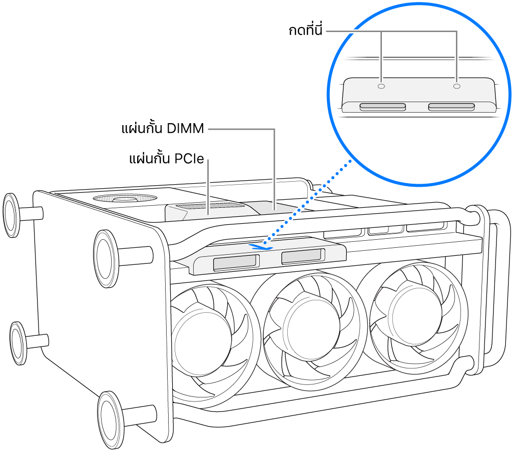 Mac Pro on แบบตะแคงข้างและแสดงแผ่นกั้น DIMM, แผ่นกั้น PCIe และแผ่นปิด SSD