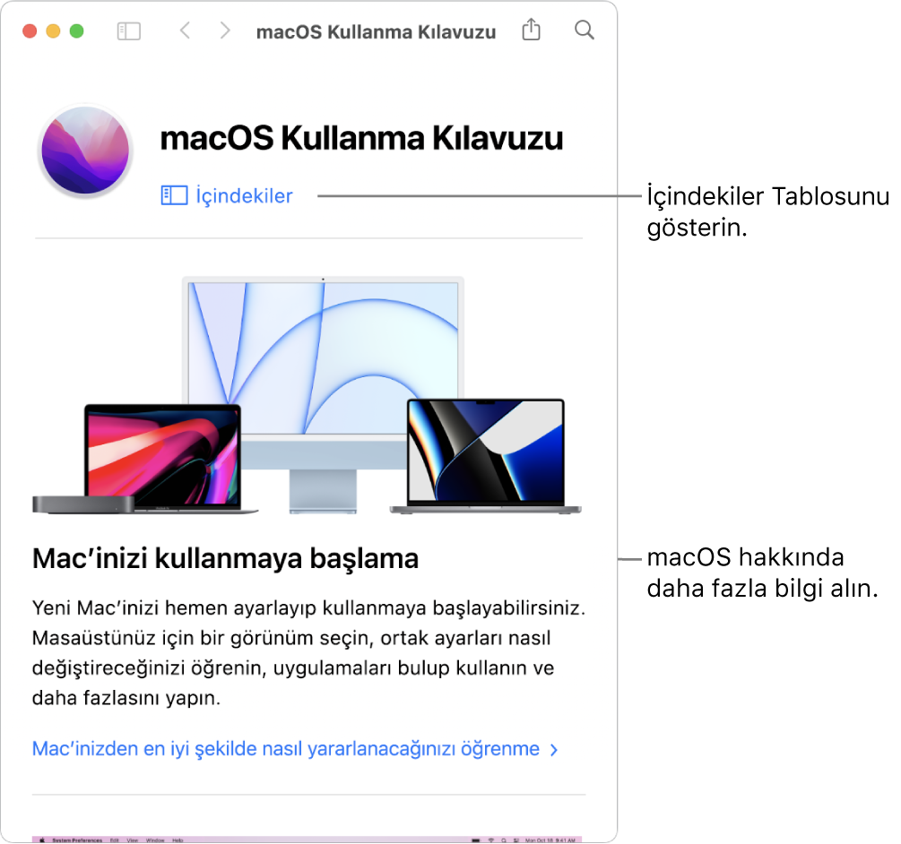 İçindekiler bağlantısını gösteren macOS Kullanma Kılavuzu hoş geldiniz sayfası.