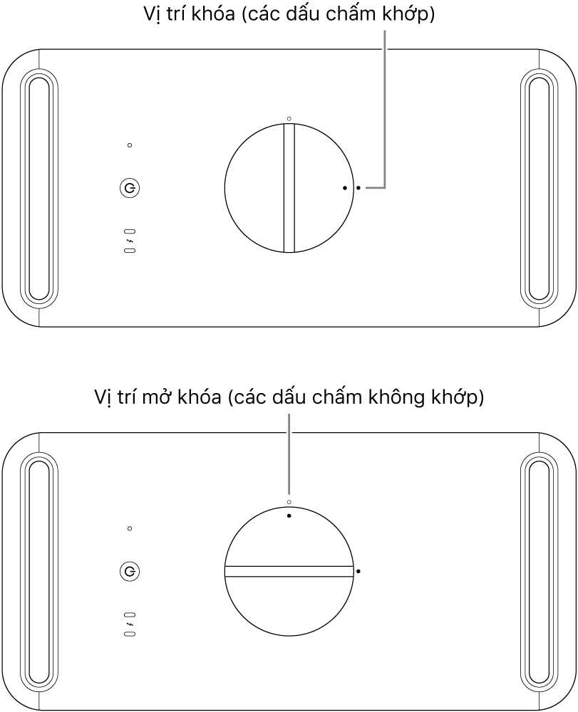 Mặt trên của vỏ máy tính đang minh họa chốt ở vị trí khóa và mở khóa.