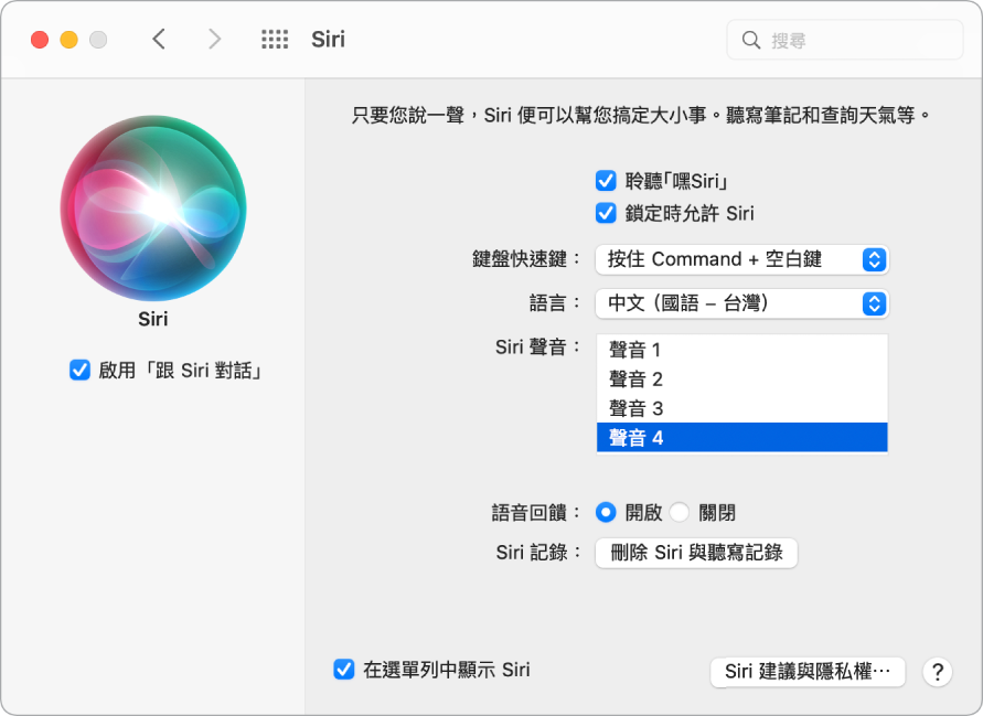 Siri 偏好設定視窗，左側已選擇「啟用跟 Siri 對話」；而右側則是自訂 Siri 的數個選項，包含「聆聽嘿 Siri」。