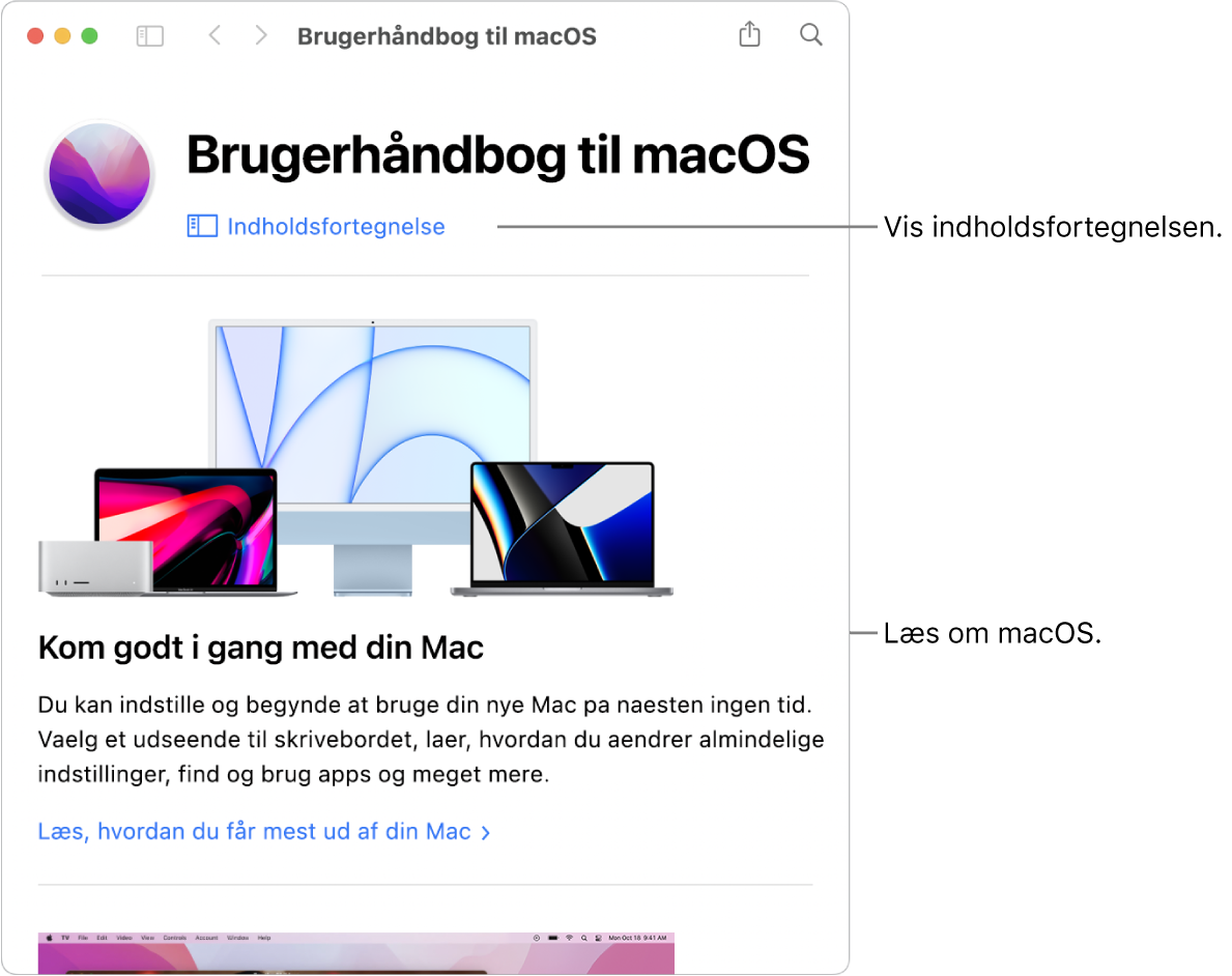 Velkomstsiden i Brugerhåndbog til macOS, der viser linket Indholdsfortegnelse.