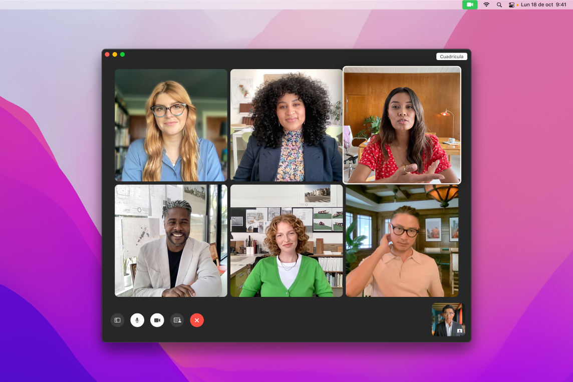 Una ventana de FaceTime con un grupo de usuarios invitados.