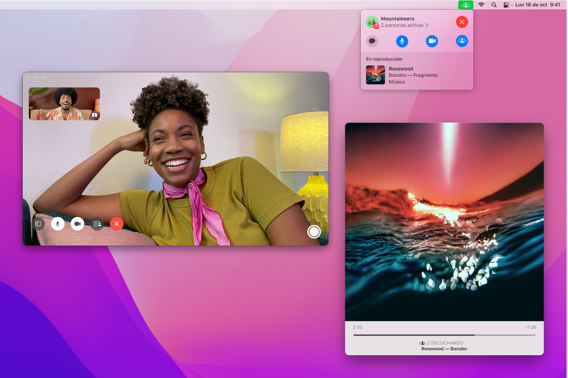 Una experiencia de escucha compartida con quienes participan en la ventana de FaceTime y una ventana de la app Música reproduciendo una canción.