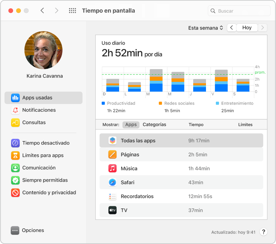 Una ventana de “Tiempo en pantalla” mostrando el tiempo que se pasan en varias apps.