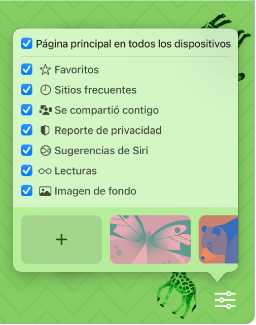 El menú desplegable “Personalizar Safari” con las casillas Favoritos, Sitios frecuentes, Reporte de privacidad, Sugerencias de Siri, Lecturas, Pestañas en iCloud e Imagen de fondo.