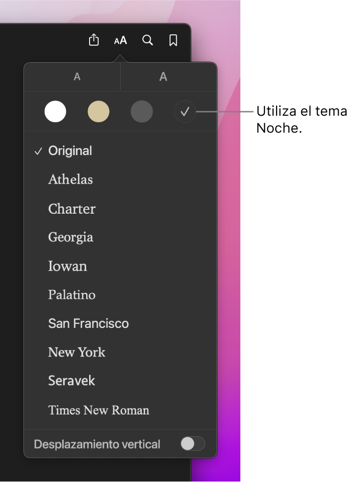 Una ventana de la app Libros donde se ve el menú Apariencia.