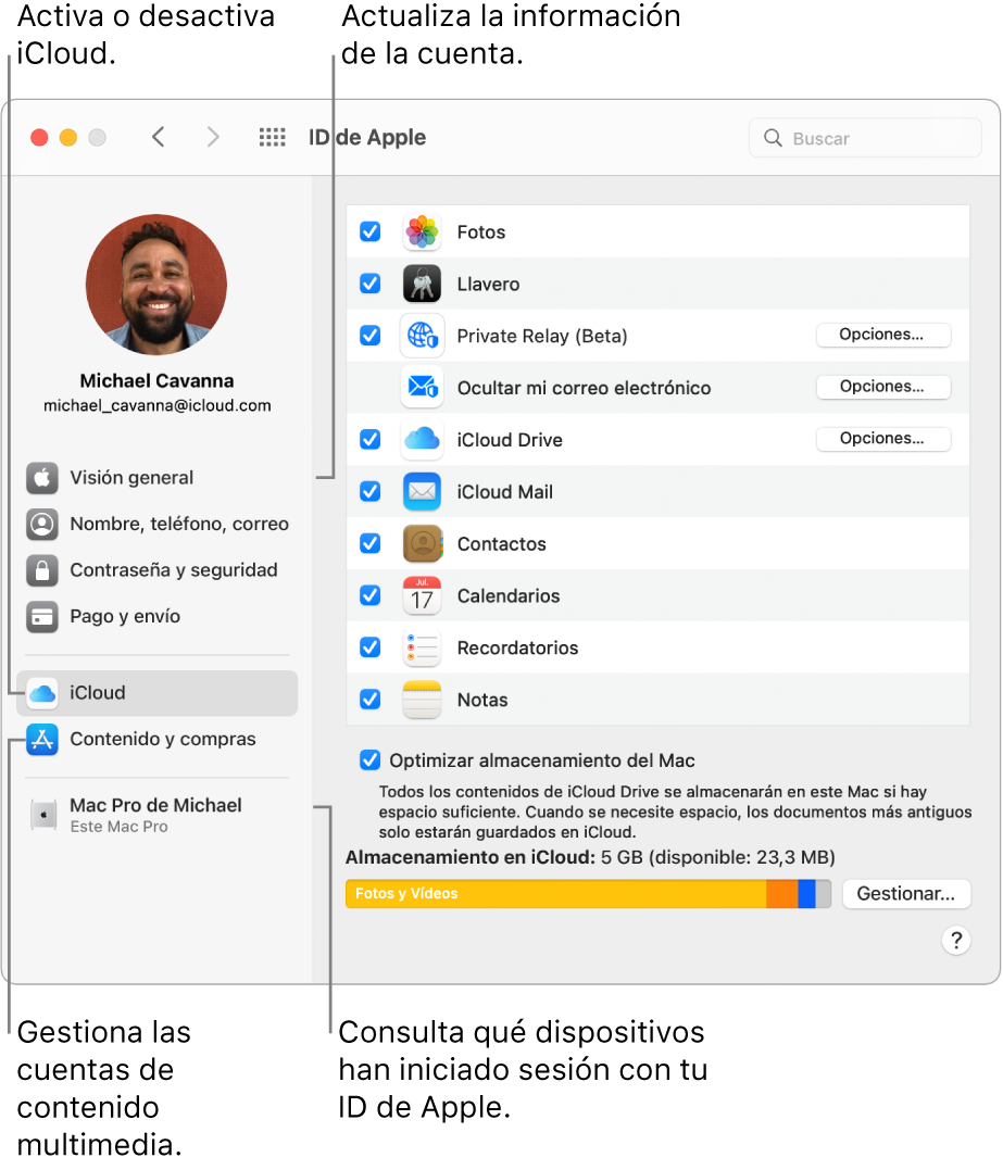 El panel ID de Apple de Preferencias del Sistema. Haz clic en un ítem de la barra lateral para actualizar la información de tu cuenta, activar o desactivar iCloud, gestionar tus cuentas de redes sociales y ver todos los dispositivos que han iniciado sesión con tu ID de Apple.