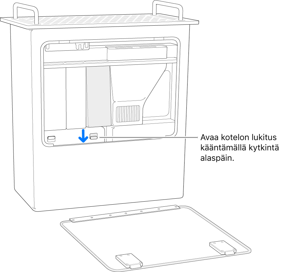 Mac Pro pääty alaspäin niin, että DIMM-suojan lukituskytkin näkyy.