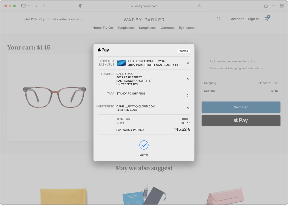 Macin näyttö verkko-ostoprosessista Apple Pay -vaihtoehdolla Safarissa.