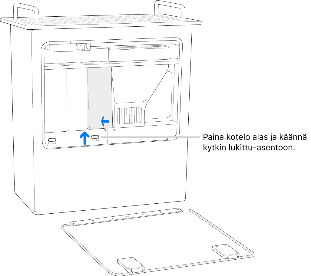 Mac Pro pääty alaspäin niin, että näkyy, miten DIMM-kytkin siirretään lukittuun asentoon.