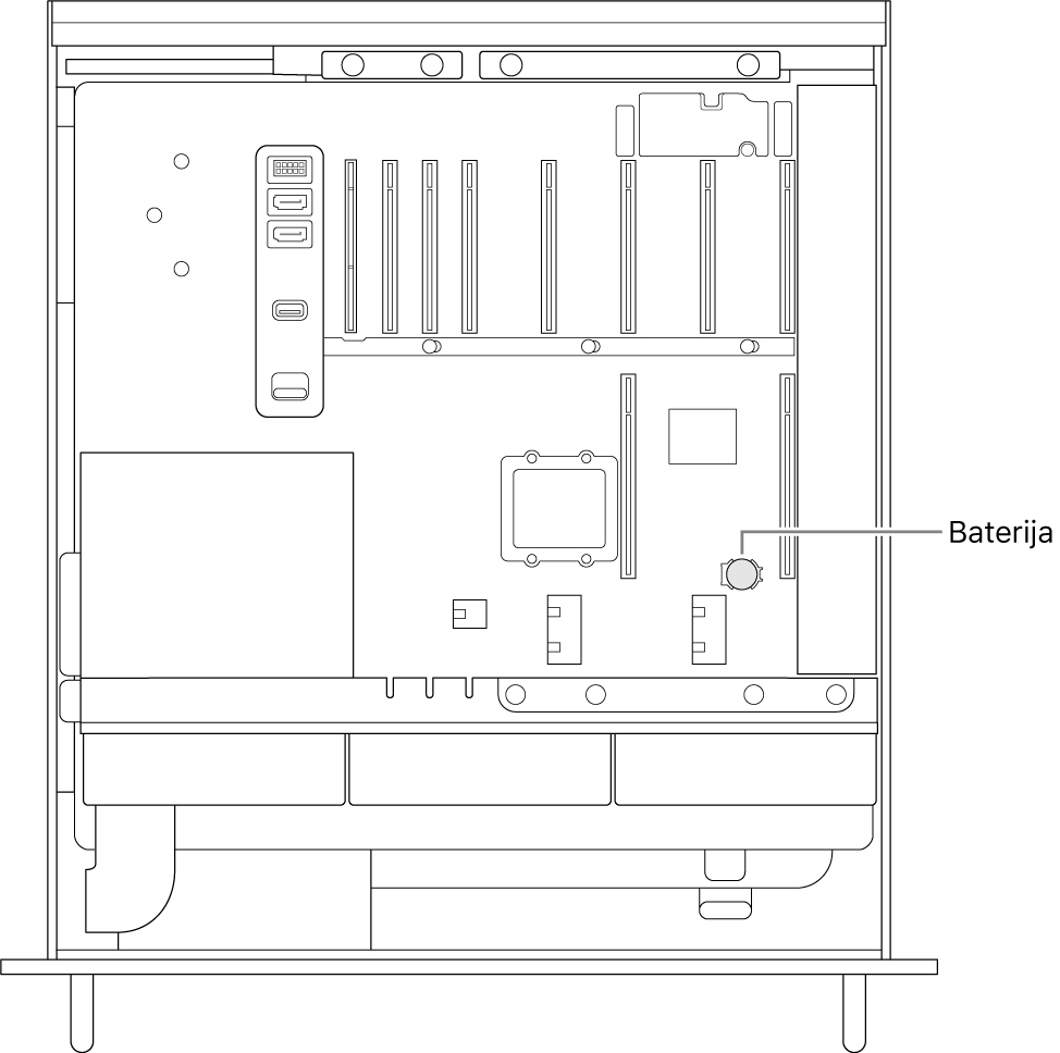 Otvoreni bočni pregled Mac Pro računala s prikazom gdje se nalazi dugmasta baterija.