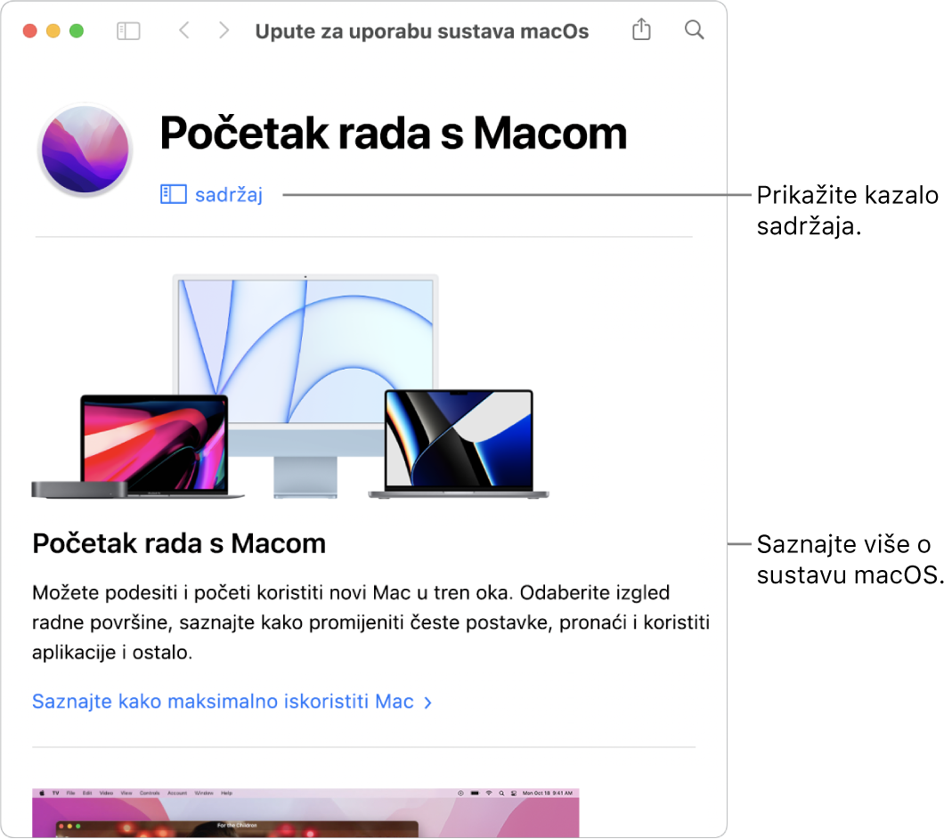 Stranica dobrodošlice za Upute za uporabu za macOS koja prikazuje link za Sadržaj.