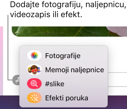 Izbornik Aplikacija s opcijama za prikaz fotografija, Memoji naljepnica, GIF-ova i efekta poruka.