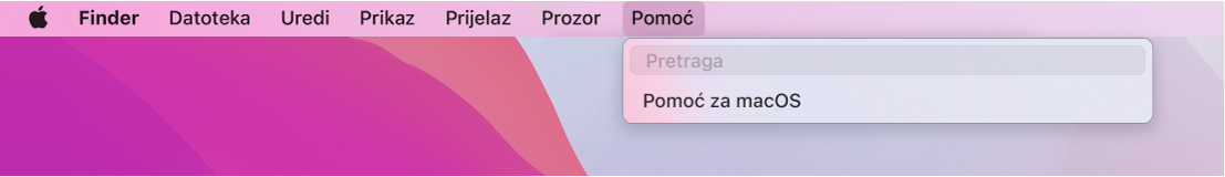 Dio radne površine s otvorenim izbornikom Pomoć, prikazuje opcije izbornika Pretraži i Pomoć za macOS.