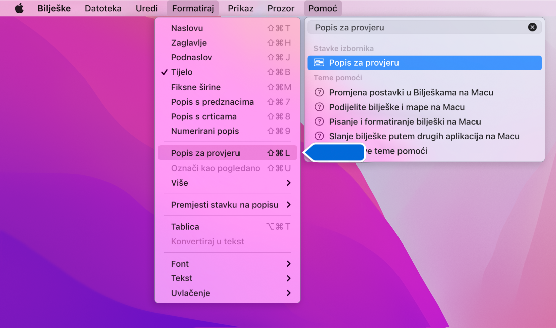 Izbornik Pomoć s prikazom pretraživanja za “kontrolni popis” s Kontrolnim popisom istaknutim u izborniku Format.