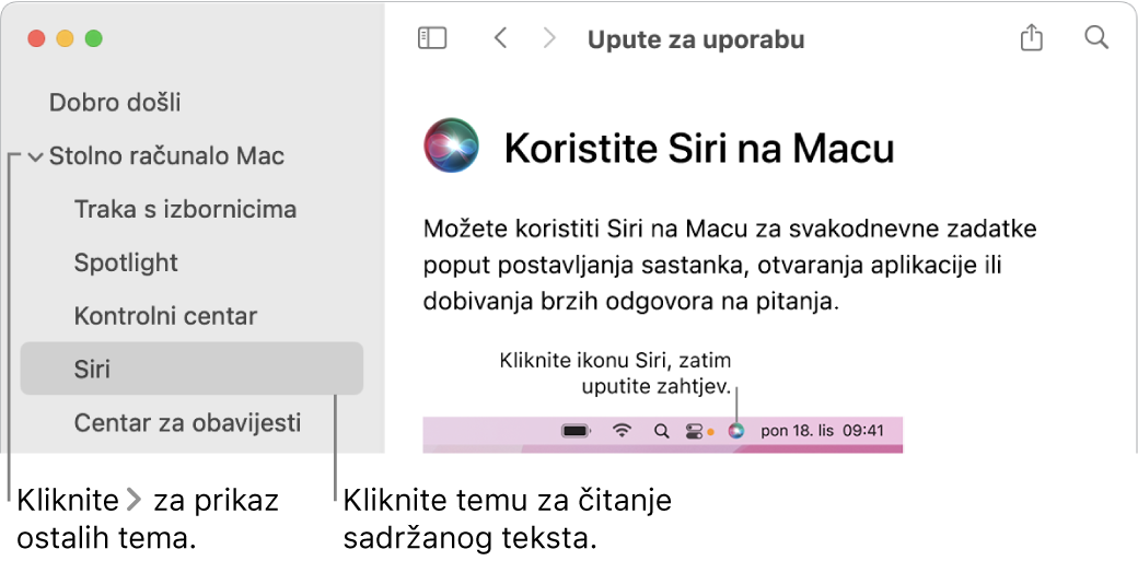 Preglednik pomoći prikazuje način za pregledavanje tema navedenih u rubnom stupcu i način prikaza sadržaja teme.