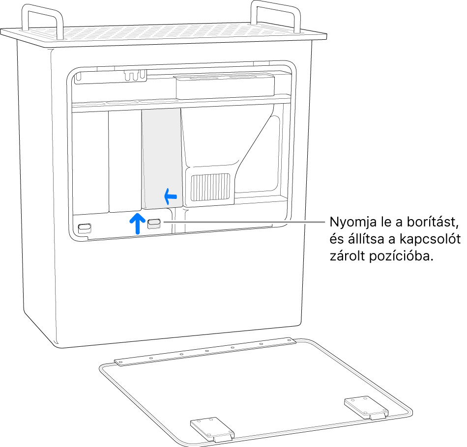 A fejjel lefelé állított Mac Pro gép, amelyen az látható, hogyan lehet a DIMM-kapcsolót zárt helyzetbe állítani.