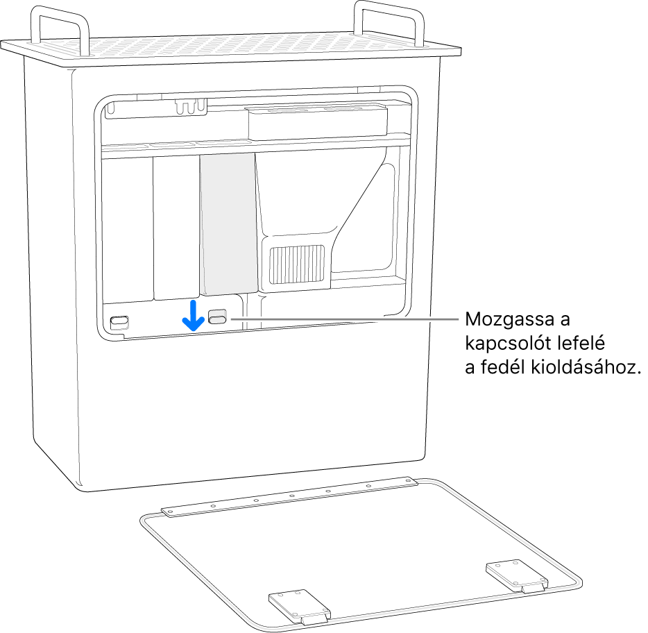 A Mac Pro gép fejjel lefelé fordított helyzetben, amelyen a DIMM-modulok burkolatát kioldó kapcsoló látható kiemelve.