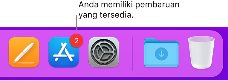 Bagian di Dock menampilkan ikon App Store dengan lencana, menunjukkan bahwa pembaruan tersedia.