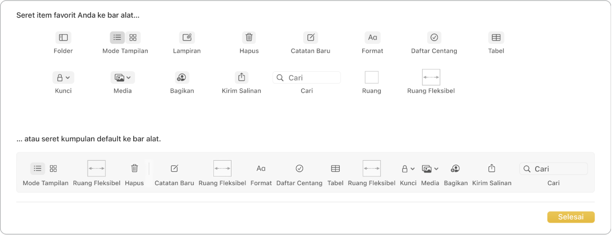 Jendela Catatan menampilkan pilihan sesuaikan bar alat yang tersedia.