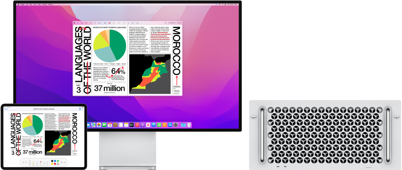 Mac Pro dan iPad berdampingan. Kedua layar menampilkan artikel yang penuh dengan pengeditan berwarna merah yang ditulis tangan, seperti kalimat yang dicoret, panah, dan tambahan kata. iPad juga memiliki kontrol markah di bagian bawah layar.