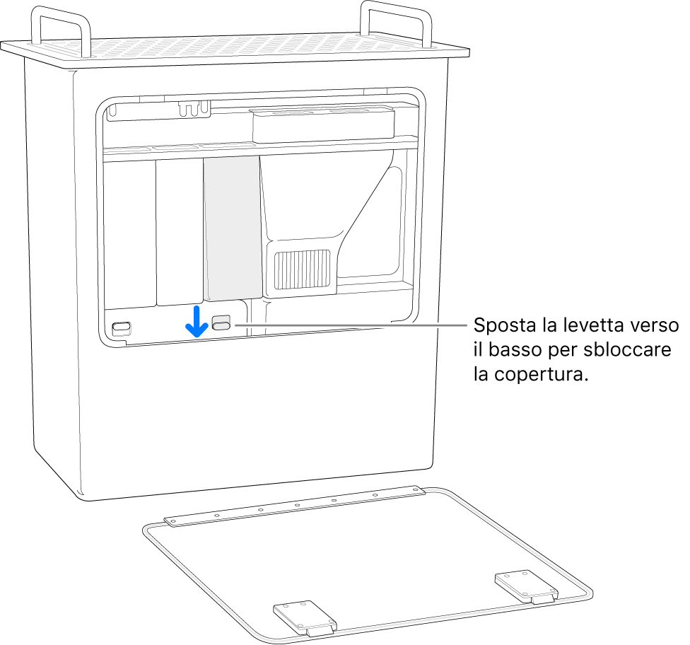 Mac Pro in posizione verticale su uno dei propri lati, con il fermo che sblocca il coperchio DIMM in evidenza.