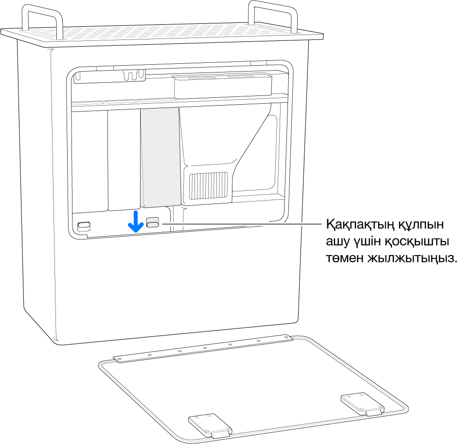 DIMM қақпағының құлпын ашатын қосқышты бөлектеп, шетінде тұрған Mac Pro.