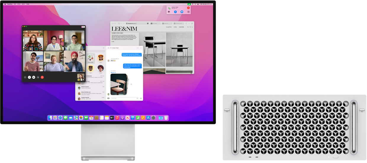 제어 센터 및 열려 있는 여러 앱을 표시하는 Pro Display XDR 데스크탑에 연결된 Mac Pro.