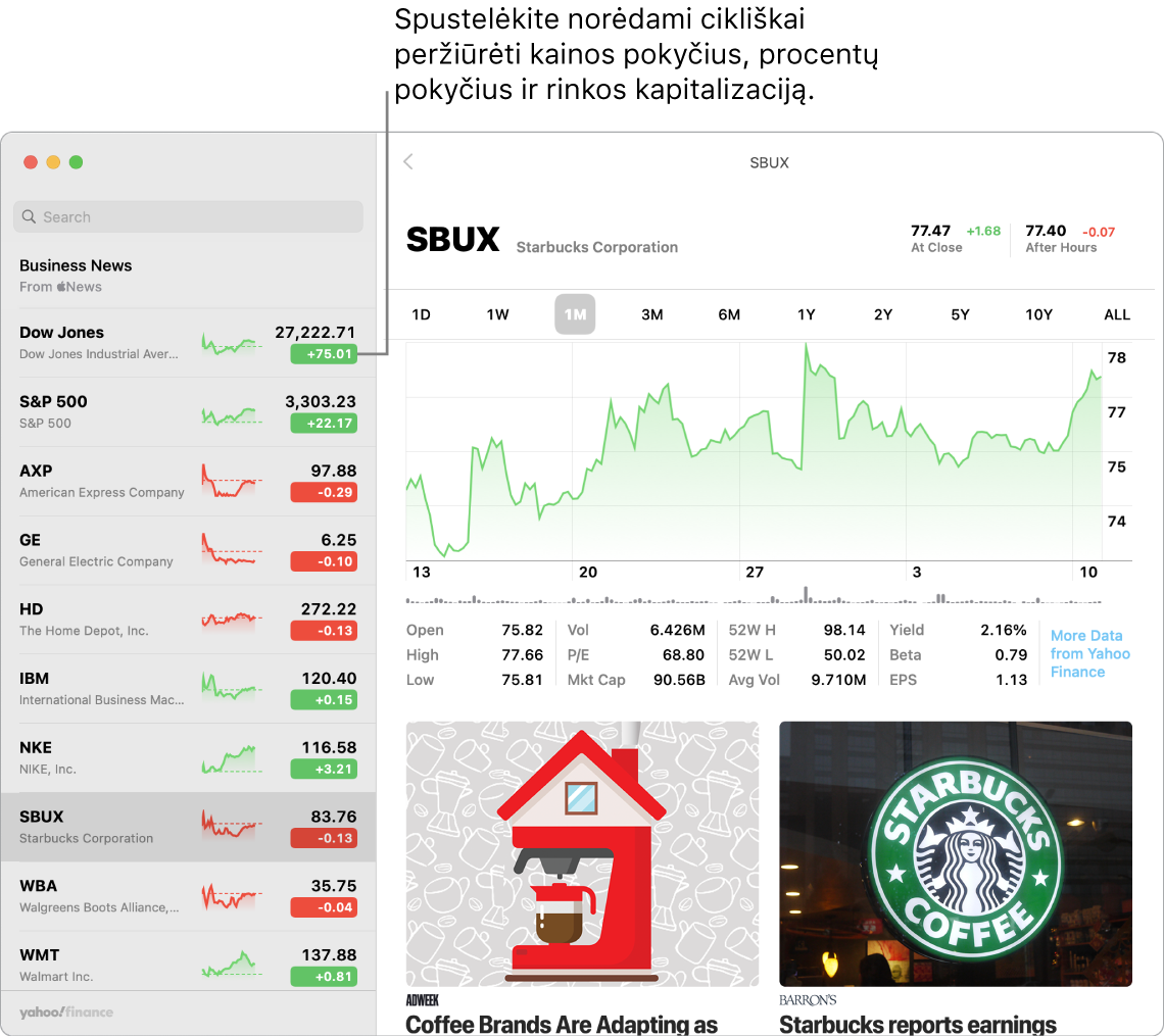 „Stocks“ ekrane: rodomos istorijos ir informacija apie pasirinktas akcijas.