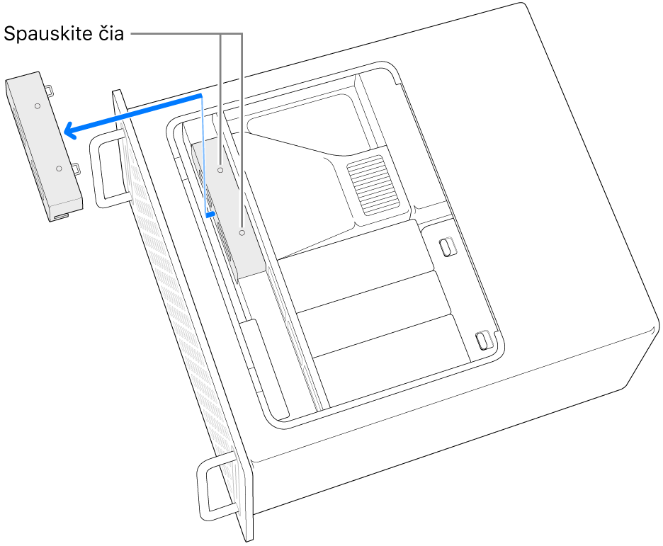 Ant šoninės pusės padėtas „Mac Pro“, rodoma, kur paspausti norint nuimti SSD dangtį.