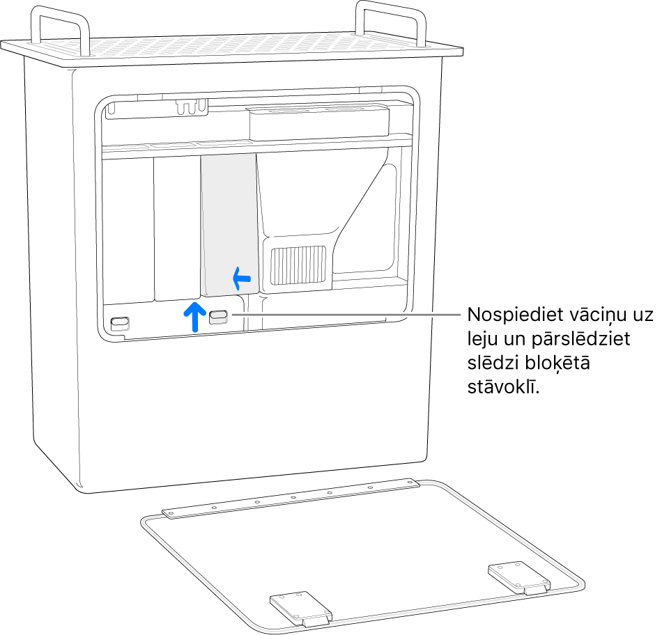 Mac Pro dators stāvus uz tā gala; ir parādīts, kā pārvietot DIMM slēdzi bloķētā pozīcijā.