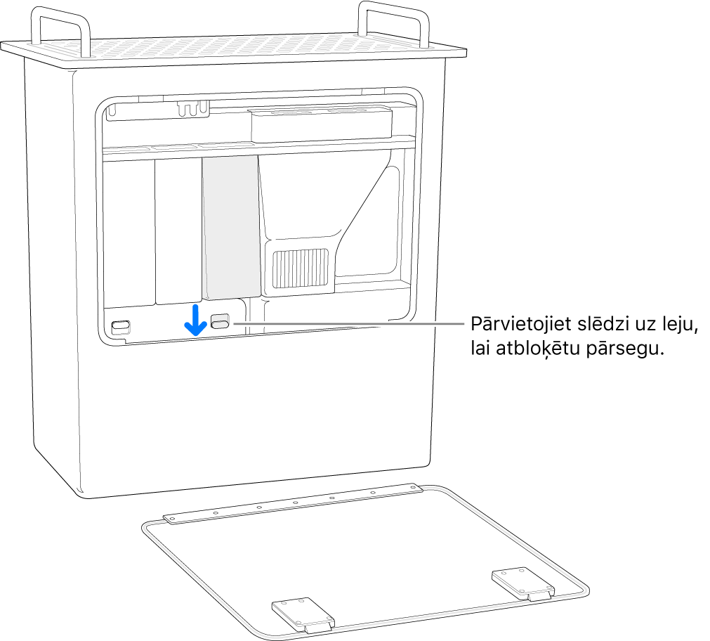 Mac Pro dators stāvus uz tā gala, ar izceltu slēdzi, kas atbrīvo DIMM pārsegu.