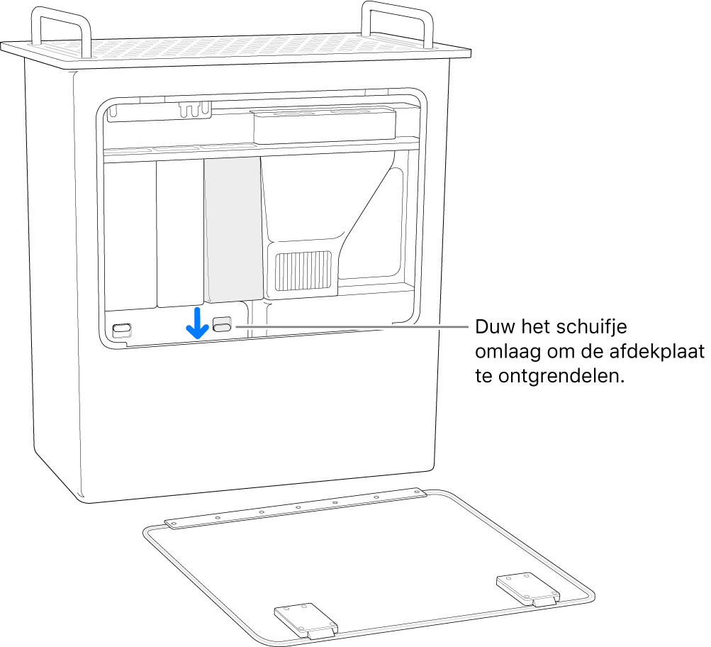 Een Mac Pro op zijn kant, met het schuifje dat de DIMM-afdekking ontgrendelt.