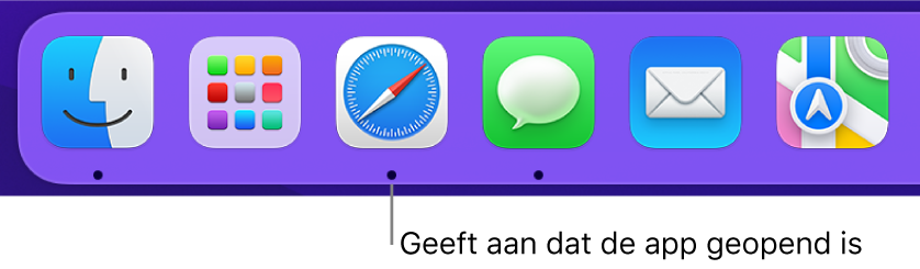 Een deel van het Dock met zwarte stippen onder geopende apps.