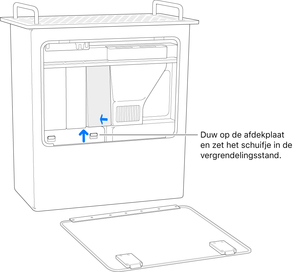 Een Mac Pro op zijn kant, waarbij wordt aangegeven hoe het DIMM-schuifje vergrendeld moet worden.