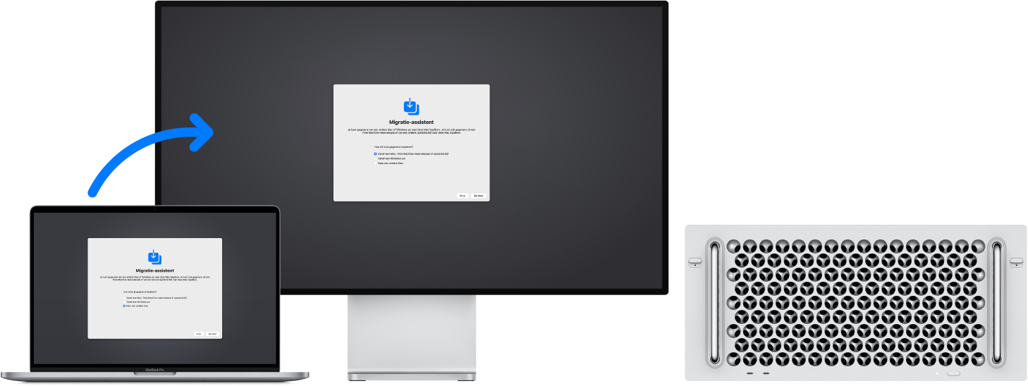 Een MacBook Pro en een Mac Pro met op beide het scherm van Migratie-assistent. Een pijl van de MacBook Pro naar de Mac Pro symboliseert de gegevensoverdracht van de ene naar de andere computer.