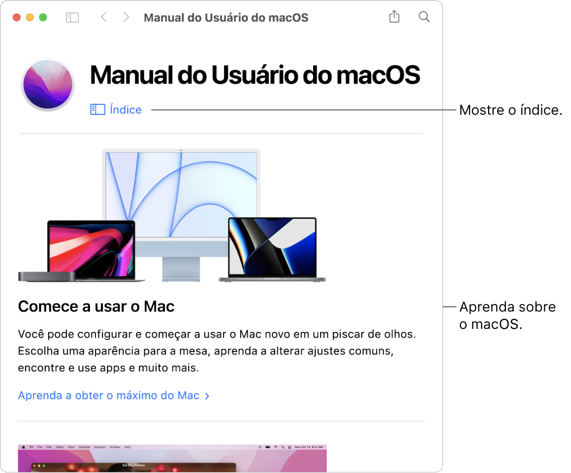 Página de boas-vindas do Manual do Usuário do macOS mostrando o link Índice.