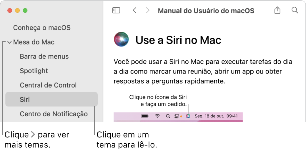 Visualizador de Ajuda mostrando como visualizar tópicos listados na barra lateral e como exibir o conteúdo de um tópico.