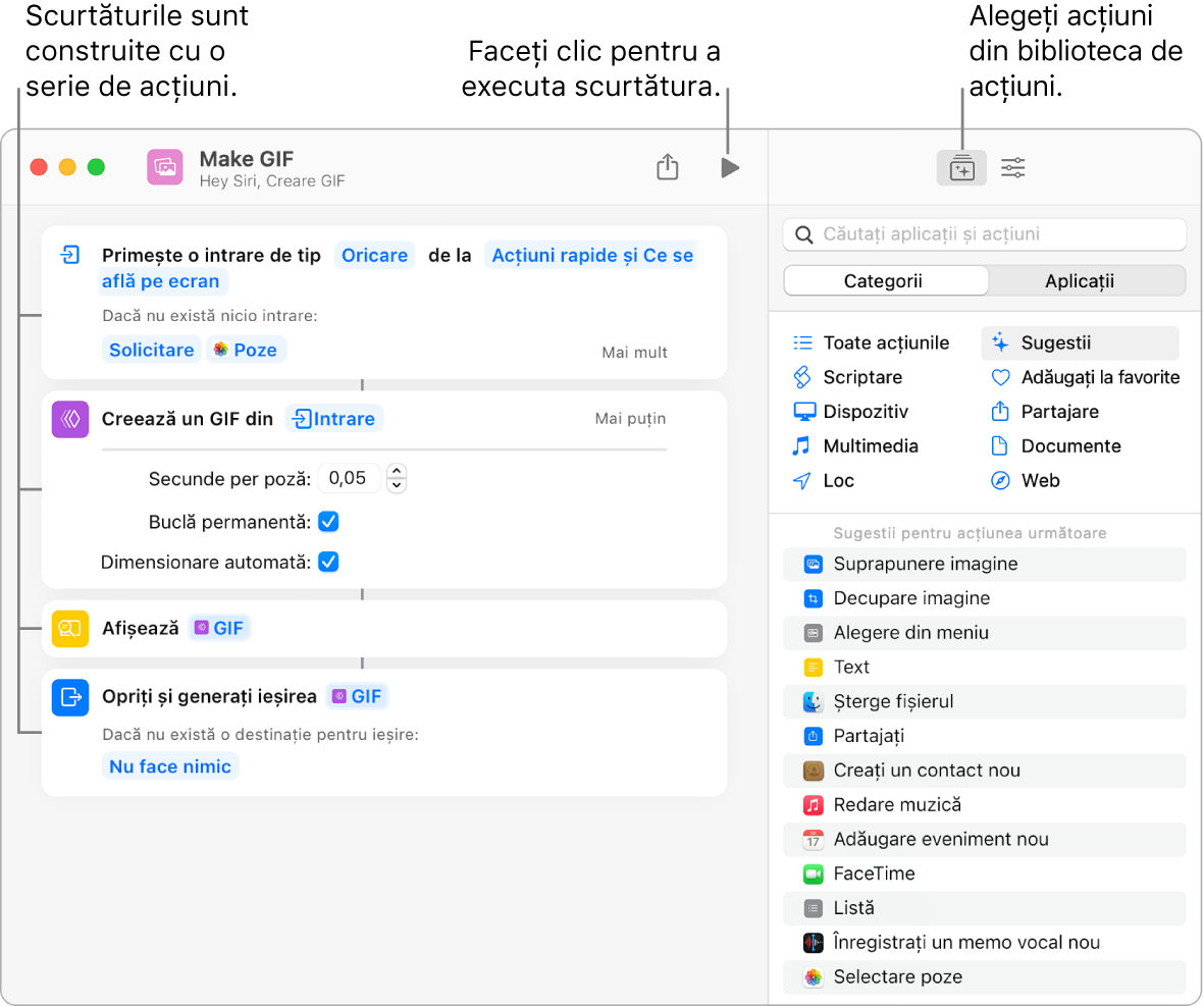 Editorul de scurtături Creare GIF în stânga și biblioteca de acțiuni în dreapta.