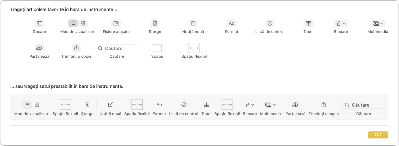 O fereastră Notițe afișând opțiunile disponibile pentru personalizarea barei de instrumente.