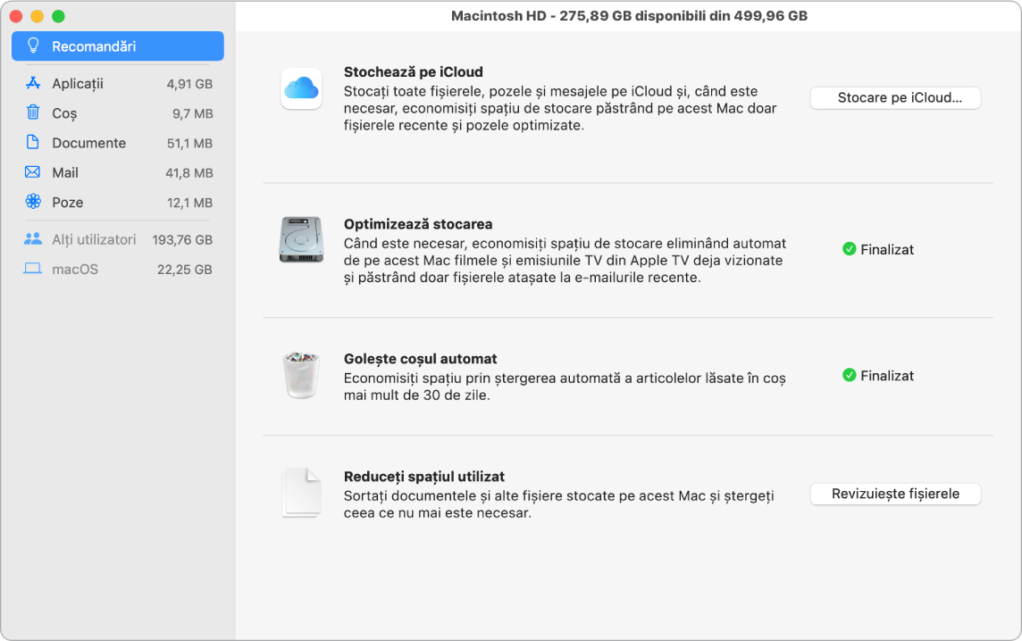 Preferințele Recomandări pentru stocare, afișând opțiunile Stocare pe iCloud, Optimizează stocarea, Golește automat coșul și Reduceți spațiul utilizat.