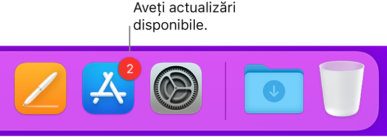 O secțiune din Dock afișând pictograma App Store cu o insignă, indicând că există actualizări disponibile.