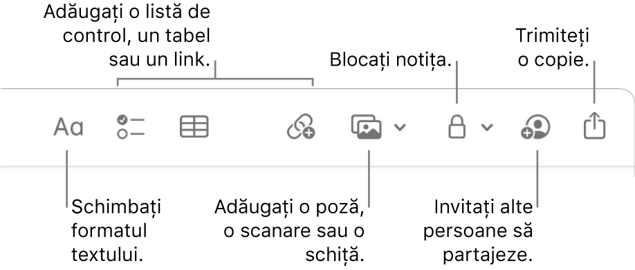 Bara de instrumente Notițe afișând formatarea textului, listă de control, tabel, link, poze/conținut multimedia, blocare, partajare și instrumentele pentru trimiterea unei copii.