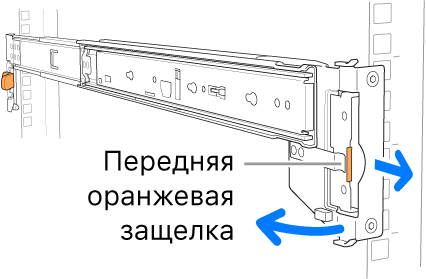 Рельса в сборе. Показано расположение передней защелки.