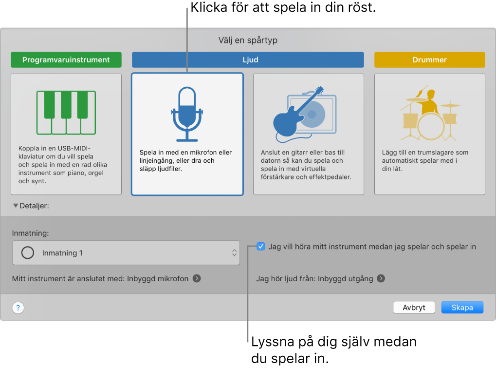 Instrumentpanelen i GarageBand som visar var du ska klicka när du vill spela in en röst och hur du hör dig själv medan du spelar in.