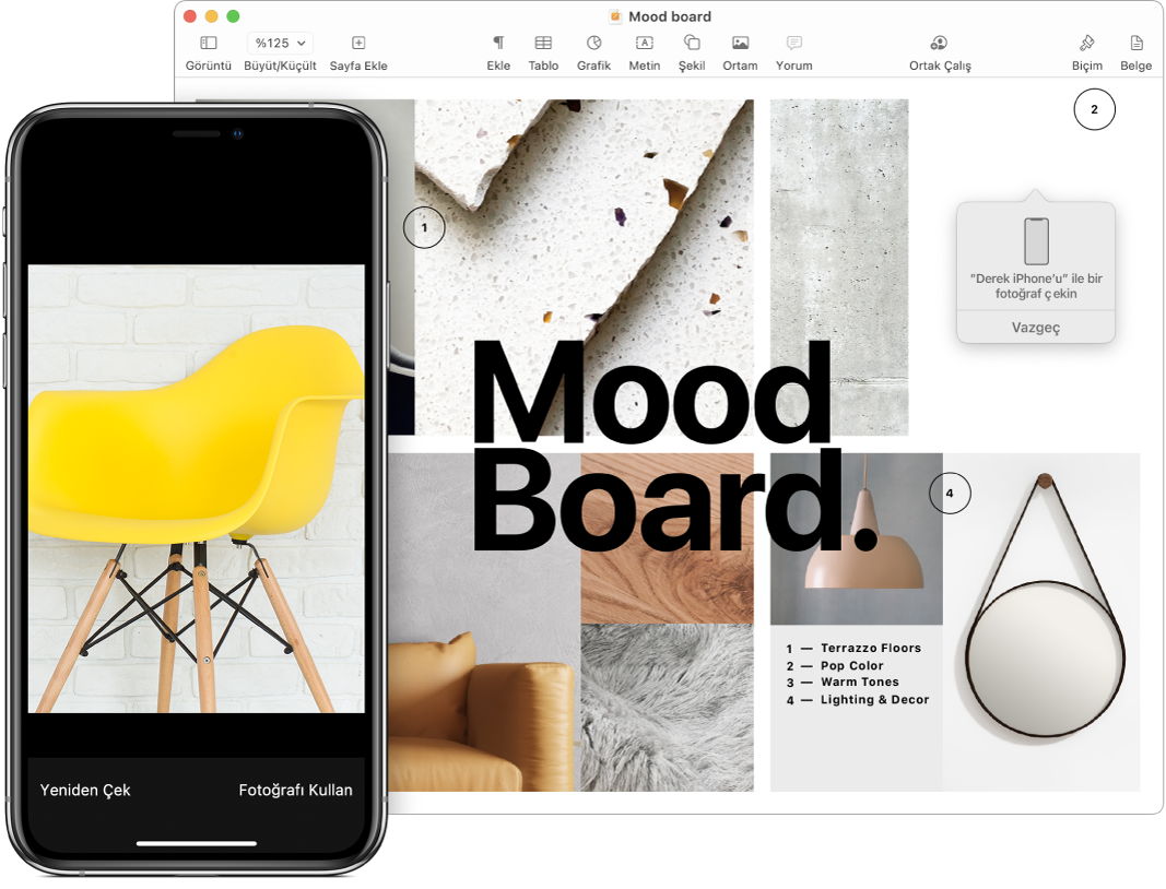 iPhone bir fotoğraf, Mac ekranı ise fotoğraf görüntüsünün nereye gideceğini soran bir bilgi istemi kutusuyla bir Pages belgesi gösteriyor.